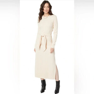 Splendid Ribbed Long Sleeve Sweater Knit Maxi Dress Women L London Ivory Belted
